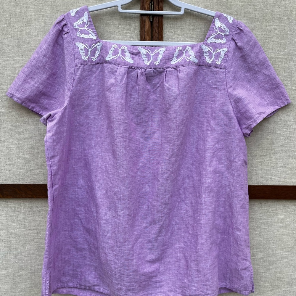 Talbots Butterfly Embroidered Linen Cotton Lavender Square Neck Top Cross Dye XL - Picture 10 of 10
